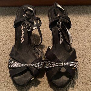Black Open Toe Heels with Rhinestones